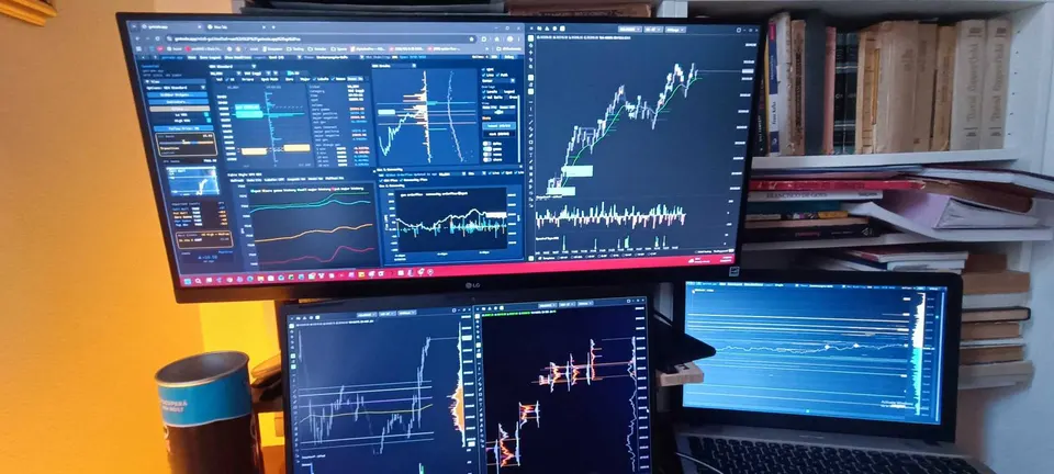 Wide trader desktop setup running gwtrade.app charts and market analytics