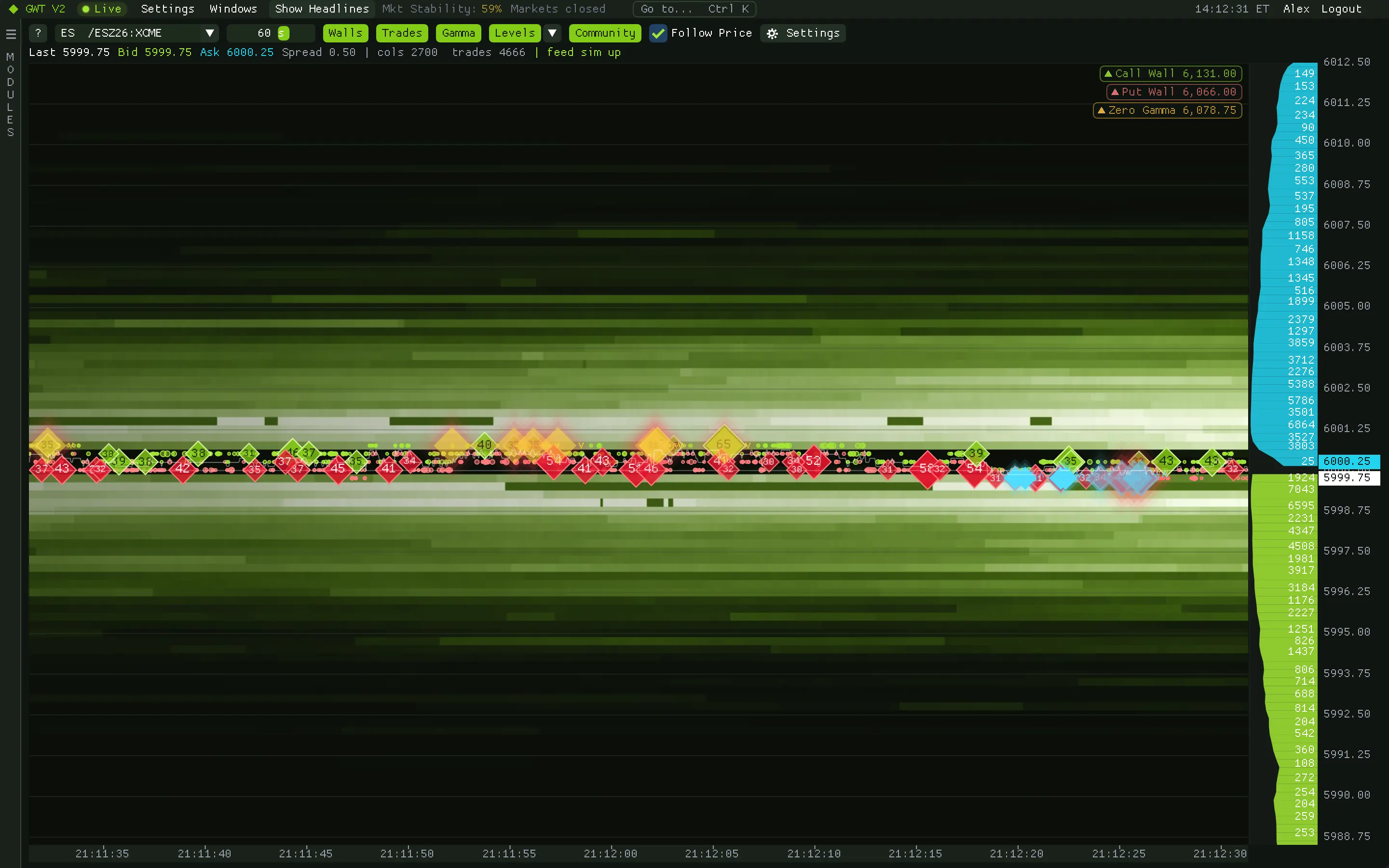 Liquidity Heatmap of ES futures: resting order-book size over time in green shades, big-trade diamonds along the price line, the depth ladder on the right and gamma levels at the top